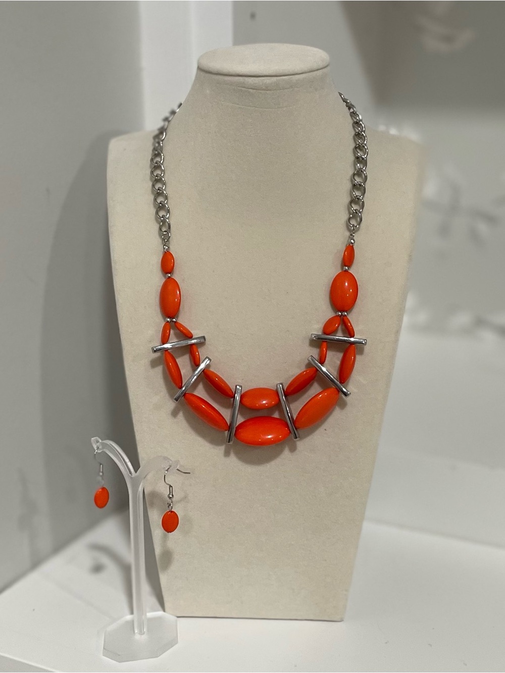 Statement Necklace Earrings Set Orange Silver Festival Bold Color Pop Colorful